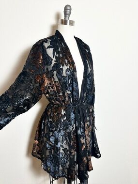 Vintage Carol Little Sheer Sequin Floral Kimono Jacket in Black and Brown Sz 6